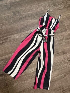 Girls' Striped Pink, Black & White Sleeveless Jumpsuit with Tie Waist
